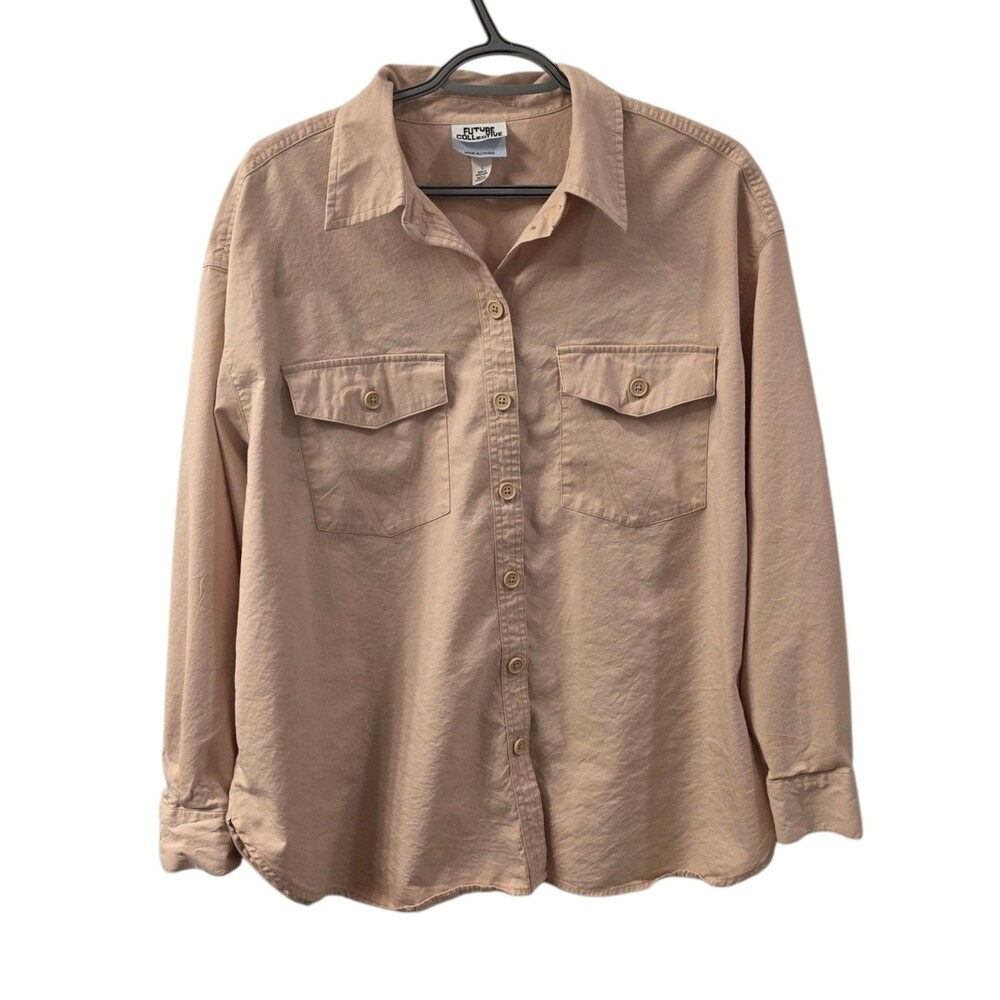 Future Collective x Reese Blutstein Khaki Oversized Button Front Shirt Size L - Picture 2 of 4